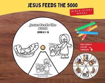Könnte beinhalten: Ein schwarz-weißes Bibel-Story-Rad mit dem Text "Jesus speist die 5000". Das Rad enthält Illustrationen von Jesus, Brot und Menschen. Das Bild enthält auch Buntstifte und eine kleinere Farbversion des Rades.