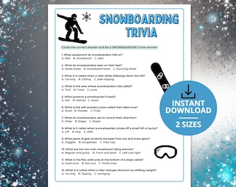 Könnte beinhalten: Ein druckbares Snowboard-Quizspiel mit blauem und weißem Design. Das Spiel enthält Fragen zum Snowboarden mit Antwortmöglichkeiten. Oben befindet sich eine Silhouette eines Snowboarders und rechts eine Snowboard-Grafik.