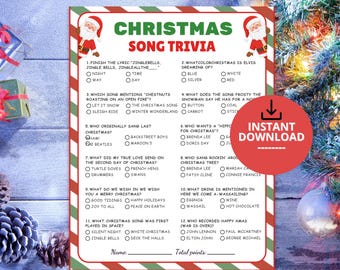 May include: A rectangular Christmas Song Trivia game sheet with a red and green striped border, featuring illustrations of Santa Claus in the top corners and twelve multiple-choice questions about holiday music, with space for a name and total points.