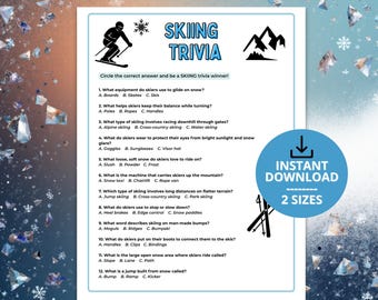 Könnte beinhalten: Ein druckbares "Skiing Trivia" Spielblatt mit blauem und weißem Design. Das Blatt enthält Quizfragen zum Skifahren, eine Skifahrer-Silhouette und die Worte "Sofort-Download" und "2 Größen."