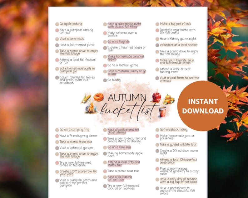 Washington Fall Activity Checklist Autumn Fall Bucket List Printable for Families, Cozy Fall Activities ...
