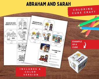 May include: A printable paper craft set featuring Abraham and Sarah from Genesis 18:1-15 and 21:1-7. The set includes black-and-white and color templates to assemble a cube, with illustrated scenes, text labels, and instructions for cutting and gluing.