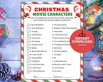 May include: A Christmas Movie Characters matching game sheet with a red and green striped border, featuring Santa Claus illustrations, a list of 15 characters, and 15 movie titles to match, with a red circle labeled Instant Download.