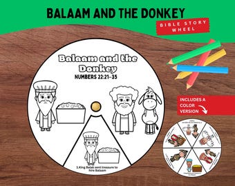 May include: A circular paper craft titled Balaam and the Donkey Numbers 22:21-35, featuring black and white line art illustrations of characters and a treasure chest. A smaller coloured version of the wheel is included, along with four coloured pencils.
