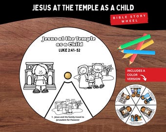 May include: A circular paper craft titled Jesus at the Temple as a Child Luke 2:41-52 featuring black and white line art illustrations of biblical scenes. A small gold fastener sits in the centre. Includes coloured pencils and a smaller colour version.