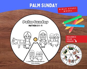 May include: A circular Palm Sunday Bible story wheel craft featuring black and white line art of Jesus and disciples with a donkey, labeled Matthew 21:1-11. Includes a smaller color version of the wheel and four colored pencils in green, red, yellow, and blue.