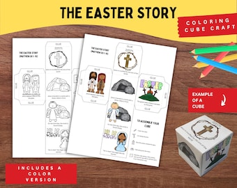 Può includere: Un kit di bricolage per un cubo da colorare sulla storia di Pasqua con due fogli contenenti contorni in bianco e nero e illustrazioni a colori di scene bibliche, tra cui una croce, una tomba e il testo He Is Risen.