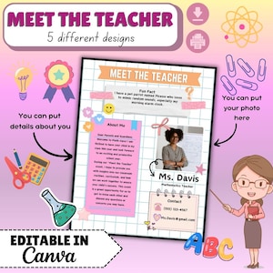 Meet the Teacher Template, 5 Editable Designs, Teacher Introduction, Back To School Flyer, All About My Teacher Bundle, First Day of School