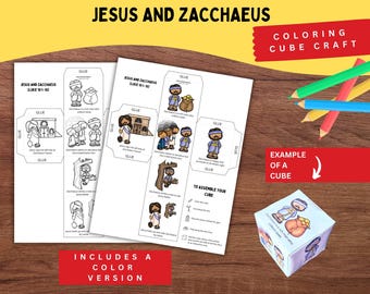 May include: A printable paper craft set titled Jesus and Zacchaeus featuring black and white coloring pages and a pre-colored version. The sheets include instructions and illustrations for assembling a cube, with a finished cube example shown.