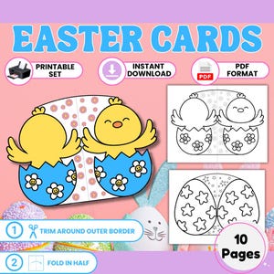10 Easter Cards Printable - Color Your Own & Full Color Bunny Chick Egg Cards, DIY Easter Greetings, Instant PDF