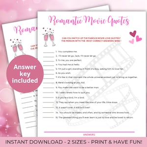Jogo de perguntas e respostas com citações de filmes românticos, jogo imprimível para festa de fim de ano, citações de comédias românticas, jogo para festa de Dia dos Namorados no escritório, jogo para amigas