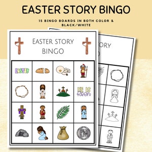Ostergeschichten-Bingo-Set für Kinder - Bibelgeschichtenaktivität, Auferstehungsbibel-Bingo l Jesus am Kreuz Bibelgeschichte l Sonntagsschulbibelspiel