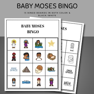 Set di Bingo Baby Moses per bambini - Attività di storie bibliche, Bingo biblico di Moses l Storia biblica di Moses l Giochi biblici della scuola domenicale