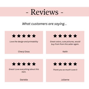 May include: A light pink graphic with the word "Reviews" at the top. Below, the text "What customers are saying..." is displayed. Four customer reviews are shown, each with a five-star rating and a short quote. The reviews are from Cheryl Doss, Keith, Danielle, and Julianne.