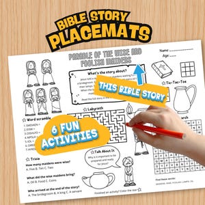 Puede incluir: Mantel individual de la historia b&iacute;blica con el texto "Par&aacute;bola de las v&iacute;rgenes prudentes y necias". Incluye 6 actividades divertidas, como un juego de palabras y un laberinto. Con ilustraciones.