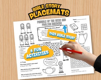 Parábola de las doncellas prudentes y necias Historia bíblica Mantel individual / Mateo 25:1–13 Diez vírgenes Historia bíblica / Mateo 25 Historia bíblica para niños