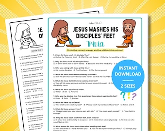 May include: A printable trivia game sheet titled "Jesus Washes His Disciples' Feet" with illustrations of Jesus and his disciples. The sheet includes multiple-choice questions about the biblical story, with an "Instant Download" button.