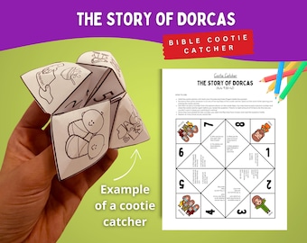 Könnte beinhalten: Ein Papier-Cootie-Catcher mit schwarz-weißen Strichzeichnungen und dem Text The Story of Dorcas. Das Set enthält ein druckbares Anleitungsblatt mit nummerierten Abschnitten, Fragen und farbenfrohen Cartoon-Grafiken.