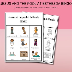 May include: A black and white bingo card with images and text related to the biblical story of Jesus healing a sick man at the pool of Bethesda. The text on the card includes "Jesus and the pool at Bethesda BINGO".