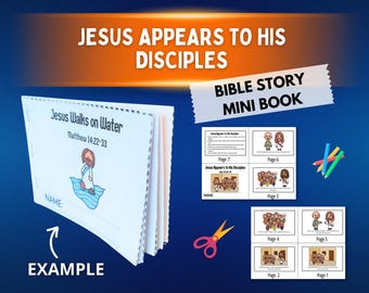 Puede incluir: Un mini libro imprimible titulado Jesus Walks on Water y Jesus Appears to His Disciples, que presenta páginas ilustradas con texto, un par de tijeras naranjas y lápices de colores. El libro incluye páginas numeradas del 1 al 7.