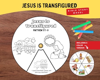Puede incluir: Una rueda circular de papel sobre historias bíblicas titulada Jesus Is Transfigured Matthew 17:1-9 con ilustraciones de líneas en blanco y negro de figuras bíblicas. Incluye un pequeño cierre central dorado, lápices de colores y una versión a color.
