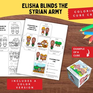 May include: A craft project featuring the text "ELISHA BLINDS THE SYRIAN ARMY" and "COLORING CUBE CRAFT." The image shows a colour version and a cube example. Several coloured pencils are also visible.