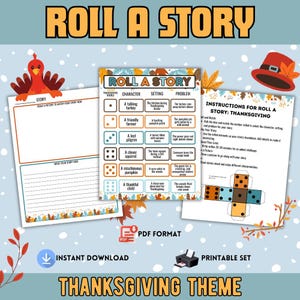 Thanksgiving Roll a Story Game for Kids – Printable Writing Activity, Creative Dice Game, Fall Literacy Center, Instant PDF Download