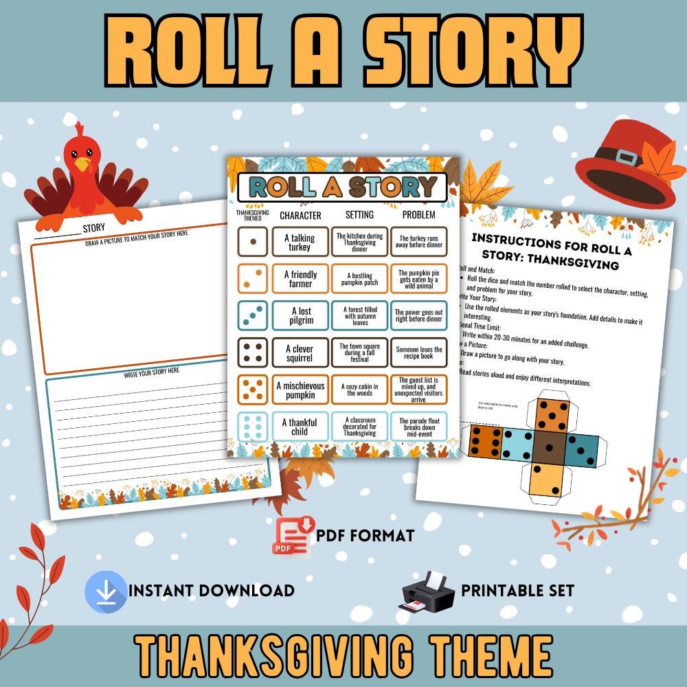 thanksgiving roll a story game for kids – printable writing
