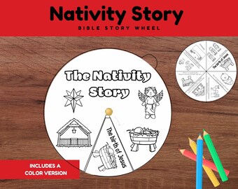 May include: A circular paper craft titled The Nativity Story featuring black and white line art of a star, an angel, a stable, and a manger. A central brass fastener holds a rotating segment labeled The birth of Jesus. Includes colored pencils.