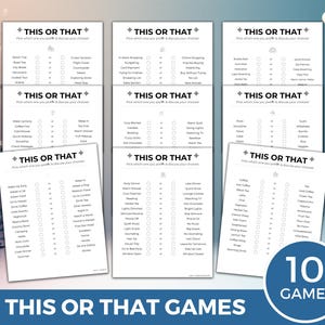 Puede incluir: Un conjunto de diez tarjetas del juego "Esto o aquello". Cada tarjeta presenta una lista de opciones con un espacio para indicar una preferencia. Las tarjetas son blancas con texto negro y un gráfico circular azul que dice "10 JUEGOS".