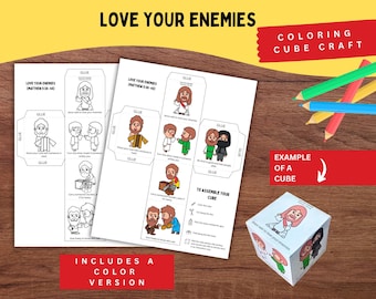 May include: A Love Your Enemies coloring cube craft kit featuring two printable sheets with black and white line art and full-color illustrations of biblical scenes, plus one pre-assembled paper cube and colored pencils for assembly.