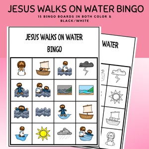 Juego de bingo Jesús camina sobre el agua para niños, Bingo bíblico Jesús camina sobre el agua l Historia bíblica del Nuevo Testamento l Juego de escuela dominical