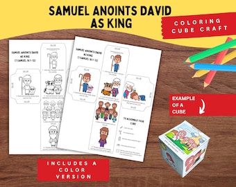 May include: A printable paper craft set titled Samuel Anoints David as King, featuring black and white and colored templates for assembling a cube. The sheets include illustrations of biblical figures, sheep, and instructions for cutting, folding, and gluing.