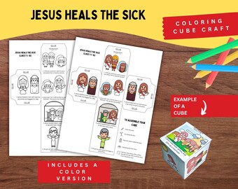 May include: A printable coloring cube craft titled Jesus Heals the Sick, featuring black and white templates with illustrations and text, a color version of the cube, and instructions for assembly, accompanied by colored pencils.