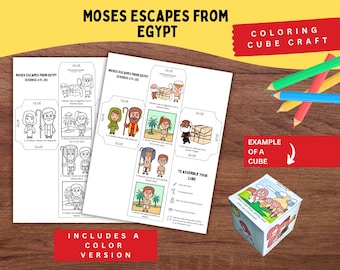Cube à colorier Moïse s'enfuyant d'Egypte - Exode 2:11-25 Créations bibliques imprimables pour l'école du dimanche et activité sur l'histoire de la Bible de Moïse pour les enfants