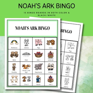 Set da bingo dell&#39;Arca di Noè per bambini - Attività sulla storia della Bibbia, giochi della scuola domenicale, bingo della Bibbia di Noè l Storia della Bibbia di Noè l Giochi della Bibbia della scuola domenicale