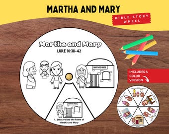 May include: A circular Bible story wheel with the text "Martha and Mary" and "Luke 10:38-42." The wheel features illustrations of biblical figures and Martha's house. Includes a color version. Colored pencils are on the right.