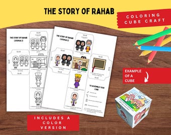 May include: A printable paper craft set titled The Story of Rahab, featuring two sheets with black-and-white and color illustrations of biblical characters, instructions for assembly, and a finished cube showing a scene with figures on a mountain.