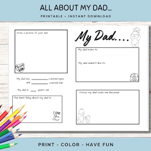 Todo sobre mi papá, regalo de cumpleaños para papá, actividades para colorear para el día del padre, mantel individual para niños, carta imprimible para papá, cuestionario de regalo para el día del padre