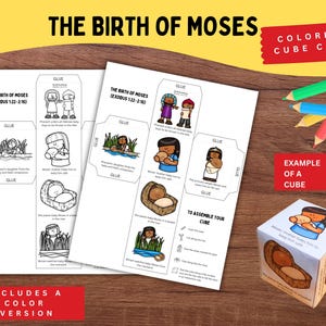 Puede incluir: Un cubo de colorear artesanal con ilustraciones de la historia de Moisés. Las imágenes en blanco y negro representan escenas de Éxodo 1:22-2:10, con instrucciones de montaje. Incluye una versión en color. Se ven lápices de colores en el fondo.