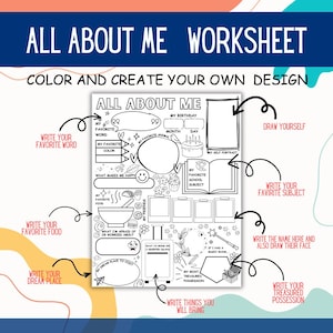K&ouml;nnte beinhalten: Schwarz-wei&szlig;es "All About Me Worksheet" mit Aufforderungen, Lieblingsdinge aufzuschreiben, ein Selbstportr&auml;t zu zeichnen und wertvolle Besitzt&uuml;mer aufzulisten. Enth&auml;lt den Text "Color and Create Your Own Design."