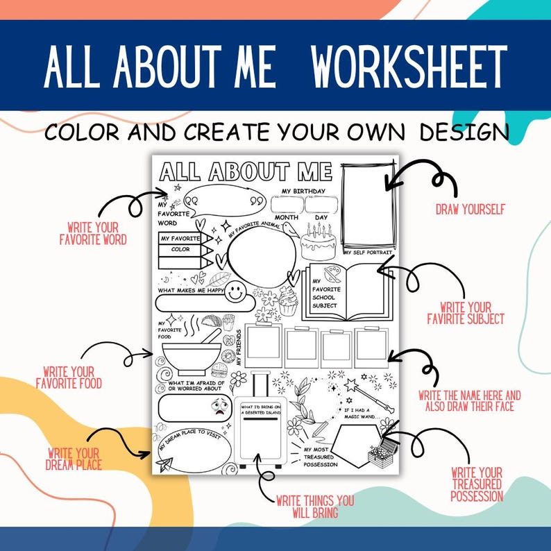 K&ouml;nnte beinhalten: Schwarz-wei&szlig;es "All About Me Worksheet" mit Aufforderungen, Lieblingsdinge aufzuschreiben, ein Selbstportr&auml;t zu zeichnen und wertvolle Besitzt&uuml;mer aufzulisten. Enth&auml;lt den Text "Color and Create Your Own Design."