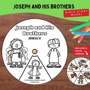 Op de afbeelding: Een zwart-wit Bijbelverhaalwiel met de tekst "Joseph en zijn broers" en "Genesis 37". Het wiel bevat illustraties van personages en de tekst "1. Jakob geeft Jozef een speciale kleurrijke jas". Gekleurde potloden staan op de achtergrond.