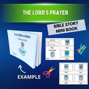May include: A printable Bible story mini book titled The Lord's Prayer and Jesus Walks on Water. The set includes a folded example booklet, two sheets of paper with numbered pages featuring illustrations and text, a pair of orange scissors, and four coloured pencils.