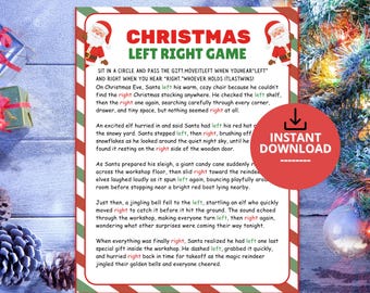 May include: A Christmas Left Right game printable sheet featuring a red and green striped border, two Santa illustrations, and a story text with the words left and right highlighted in green and red, plus an instant download icon.