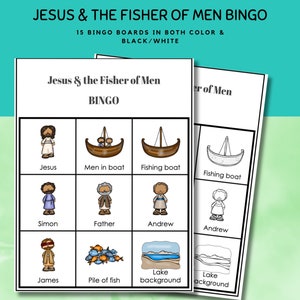 Fischer der Männer Bingo Bingo Set für Kinder, Jesus und der Männerfischer Bibel Bingo l Neues Testament Bibelgeschichte l Sonntagsschulbibelspiel