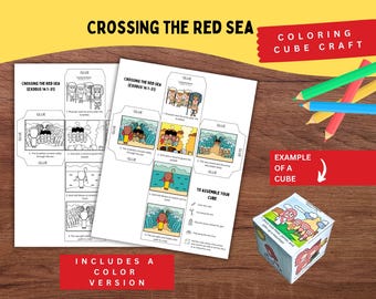 May include: A printable paper craft set titled Crossing the Red Sea Exodus 14:1-31, featuring black and white and colored templates for assembling a cube. The set includes instructions, illustrations of biblical scenes, and a finished cube example.