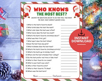 May include: A rectangular Christmas-themed game card titled Who Knows The Host Best? featuring a red and green striped border, two Santa Claus illustrations, and eighteen numbered questions with blank lines for written answers.