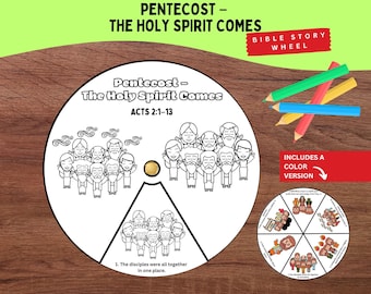 May include: A circular paper Bible story wheel titled Pentecost - The Holy Spirit Comes Acts 2:1-13, featuring black and white line art illustrations of groups of people. A smaller, fully coloured version of the wheel is included, along with four coloured pencils.