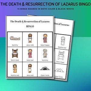 Juego de bingo para niños sobre la muerte y resurrección de Lázaro, bingo bíblico de Lázaro, historia bíblica del Nuevo Testamento, juego bíblico para la escuela dominical.